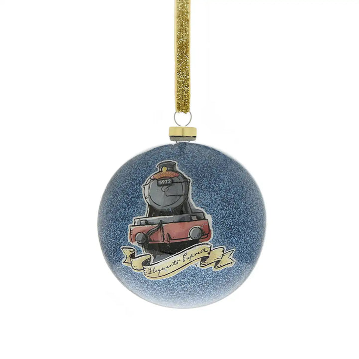 Harry Potter themed decorative bauble ornament with a Hogwarts Express design on a blue glittery background