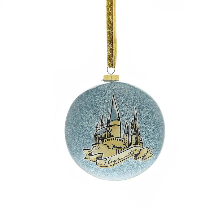 Harry Potter themed decorative bauble ornament with Hogwarts castle design on a blue glittery background