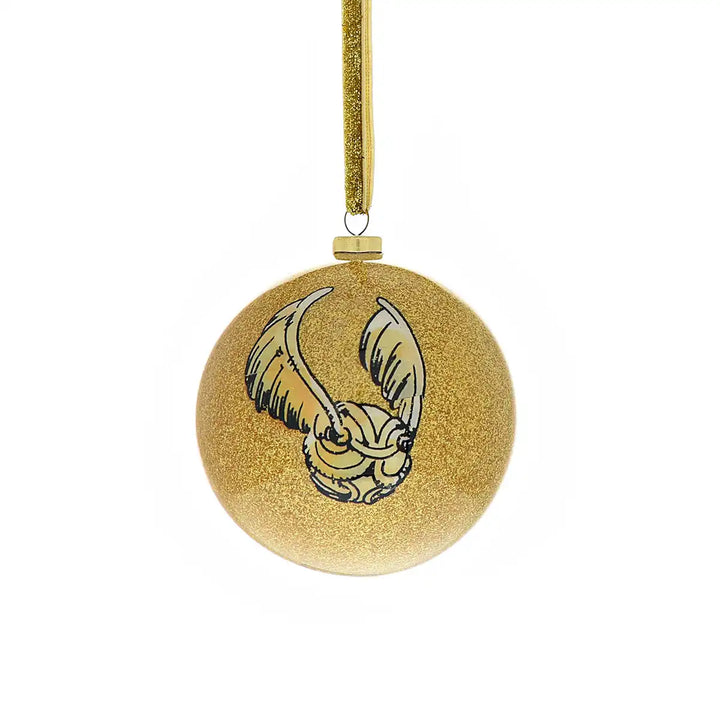 Gold glittery Harry Potter themed Christmas bauble ornament with a golden snitch