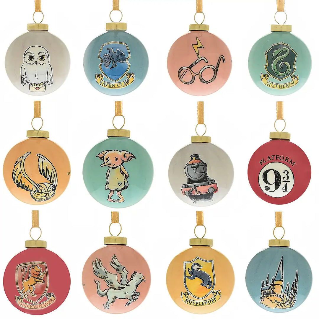 Set of 12 Harry Potter-themed Christmas mini bauble ornaments with various designs.
