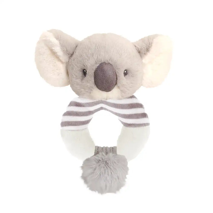 Keeleco recycled cozy koala ring rattle, eco-friendly baby toy with soft grey fur and wooden ring