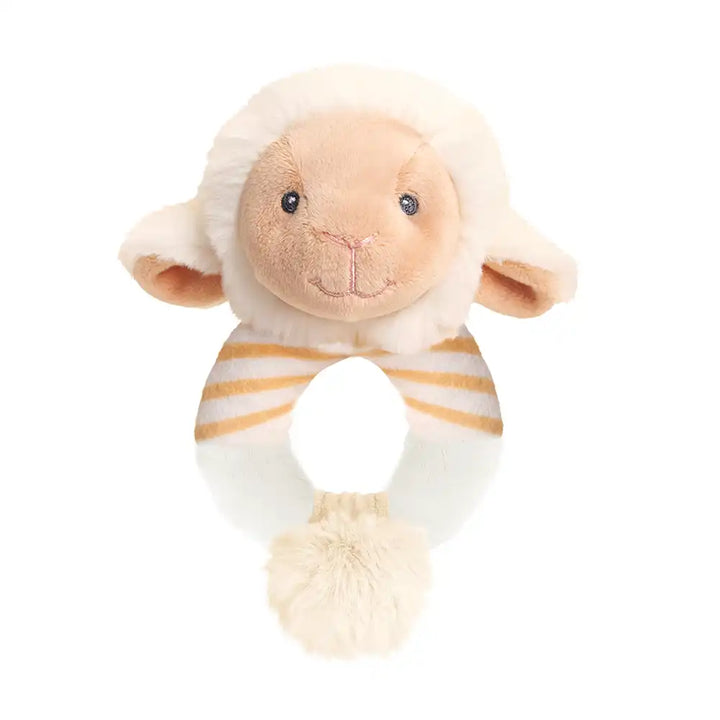 Keeleco recycled cuddle lamb ring rattle, eco-friendly baby toy with white fur and wooden ring