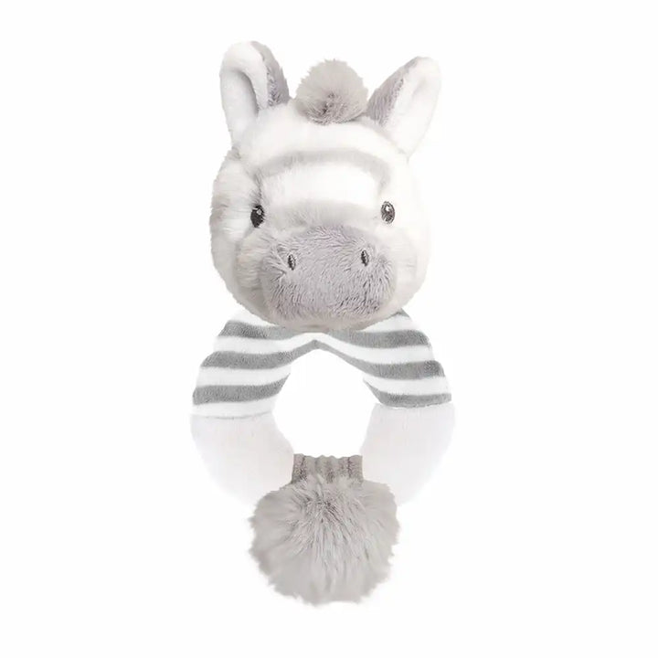 Keeleco recycled cuddle zebra ring rattle, eco-friendly baby toy with striped fur and wooden ring