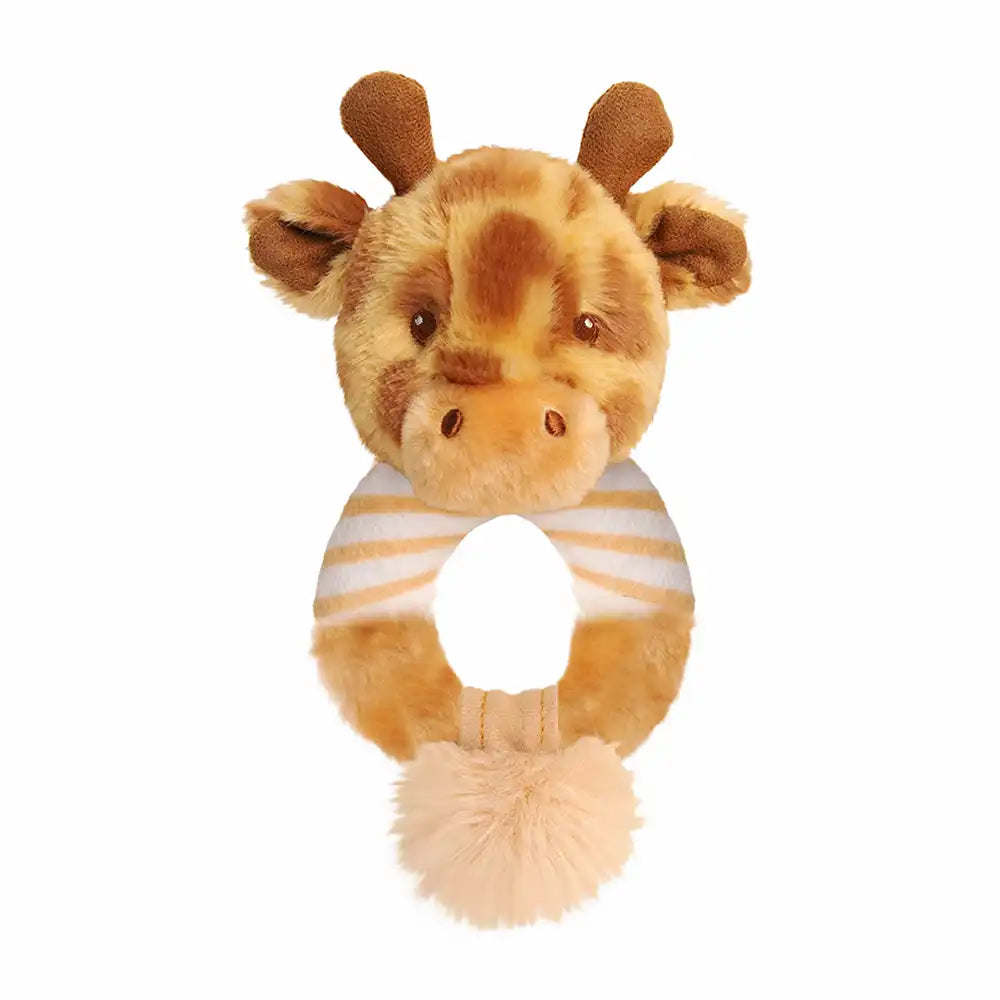 Keeleco recycled huggy giraffe ring rattle, eco-friendly baby toy with yellow fur and wooden ring