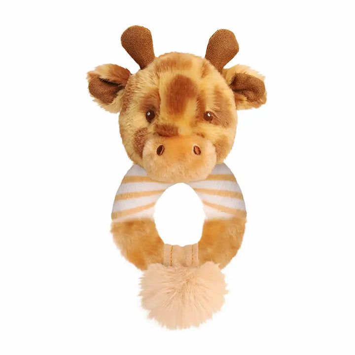Keeleco recycled huggy giraffe ring rattle, eco-friendly baby toy with yellow fur and wooden ring