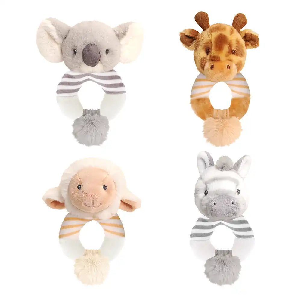 Keeleco recycled assorted ring rattles collection, eco-friendly baby toys including cozy koala, huggy giraffe, cuddle lamb, and cuddle zebra