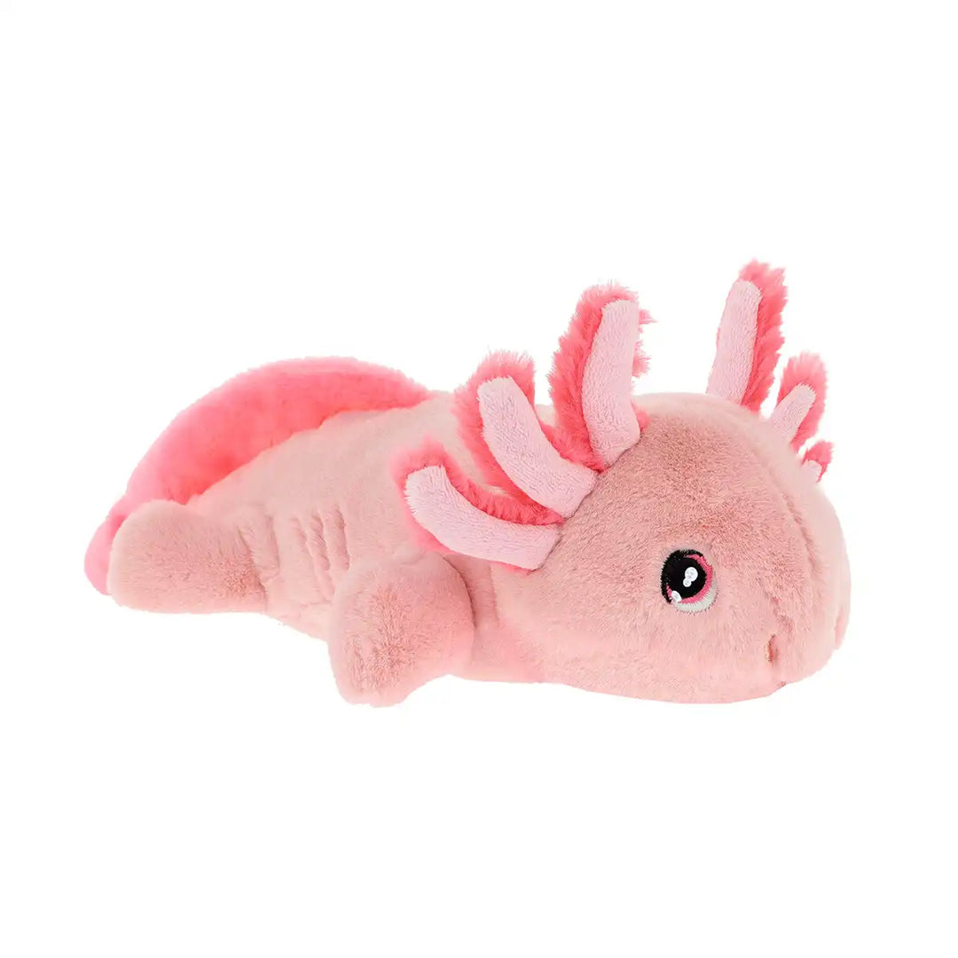 Keel Toys Keeleco recycled plush toy axolotl with pink and white details on a white background