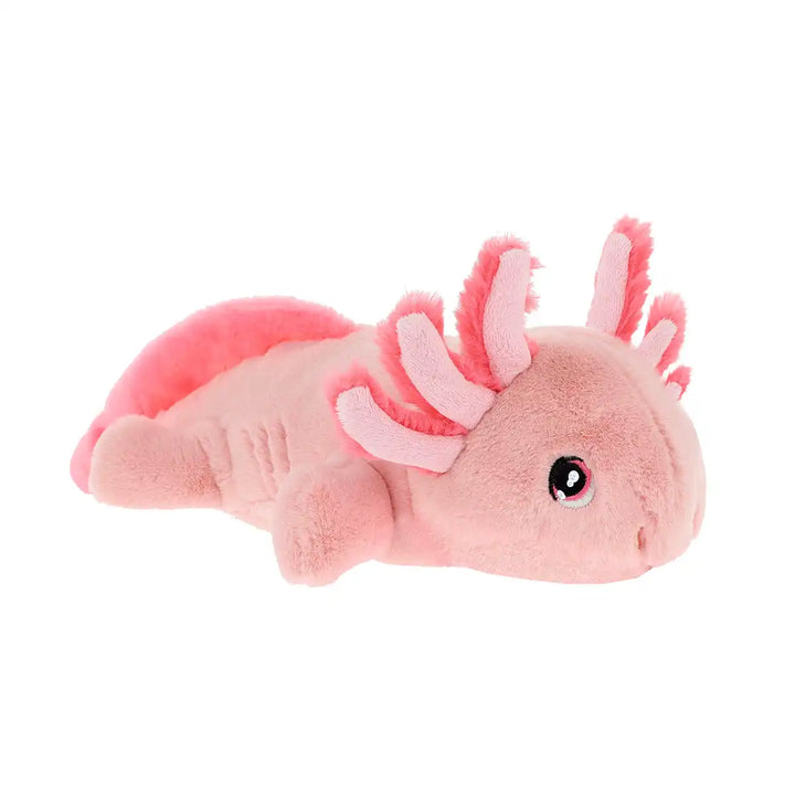 Keel Toys Keeleco recycled plush toy axolotl with pink and white details on a white background