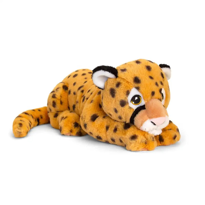 Keel Toys Keeleco recycled plush toy orange cheetah laying down on a white background