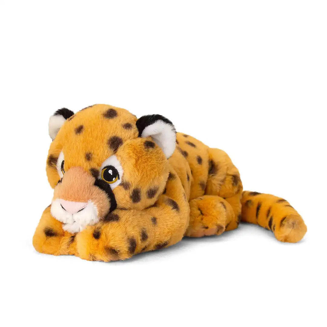 Keel Toys Keeleco recycled plush toy orange cheetah laying down on a white background