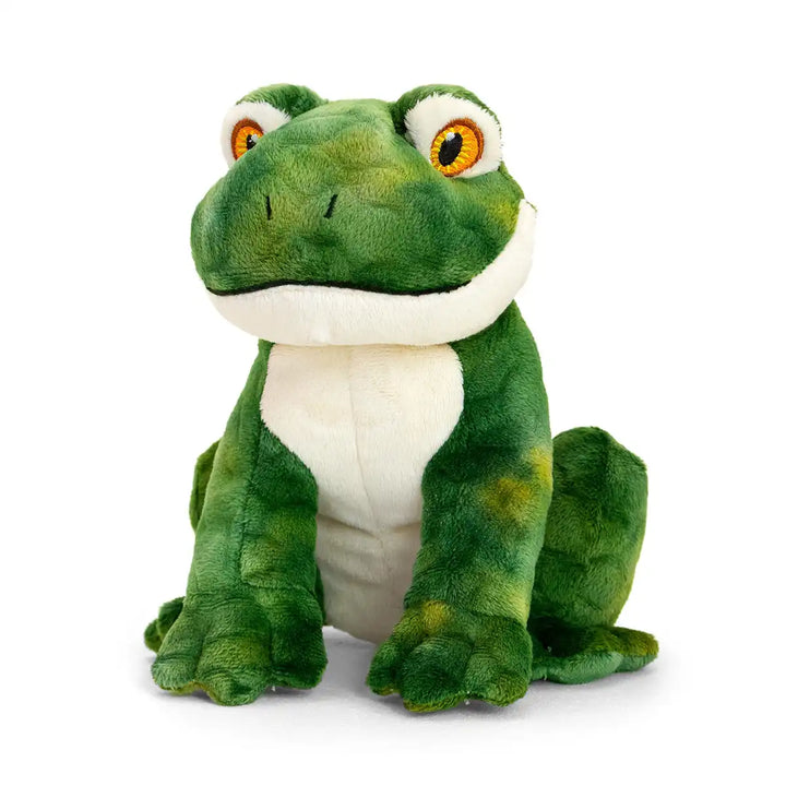 Keel Toys Keeleco recycled green plush frog toy on a white background