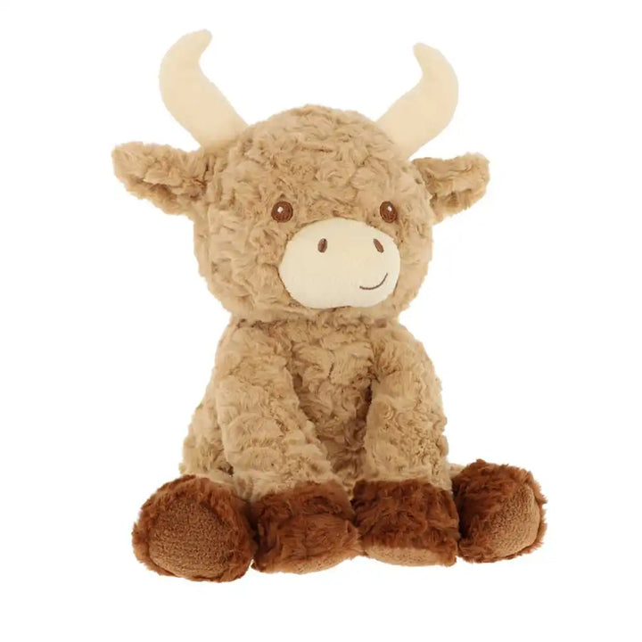 Keeleco recycled Hamish Highland cow large plush toy, sustainable soft stuffed animal featuring fluffy brown and white textured fur
