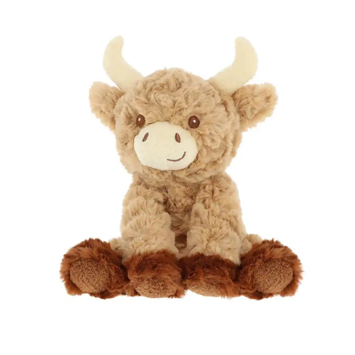 Keeleco recycled Hamish Highland cow small plush toy, eco-friendly soft stuffed animal with brown fur and white face accents
