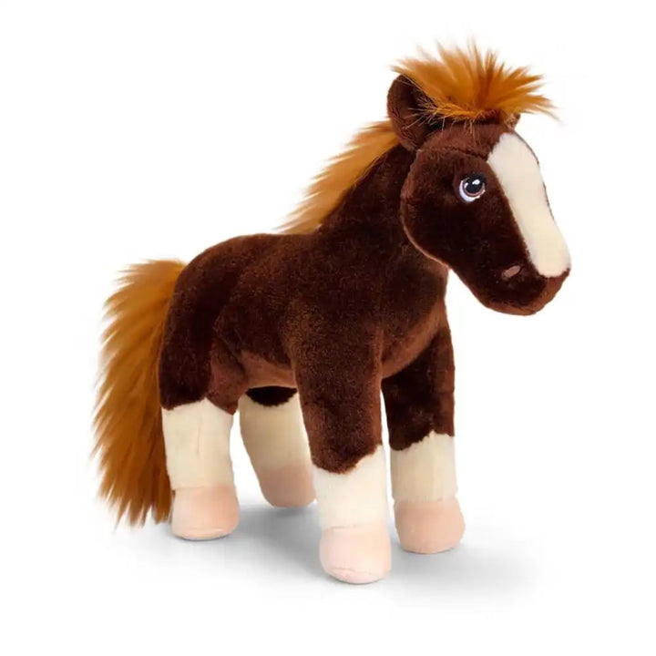 Keeleco recycled horse plush toy, sustainable soft stuffed animal featuring brown fur with white mane and tail details