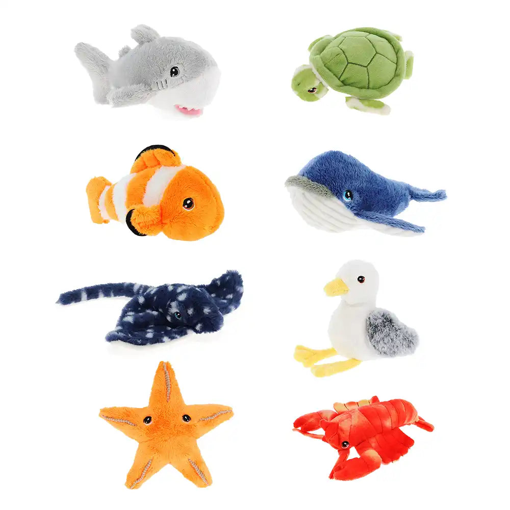 Keeleco recycled mini sea life plush toys collection, eco-friendly soft stuffed animals featuring shark, turtle, clown fish, whale, stingray, seagull, starfish, lobster