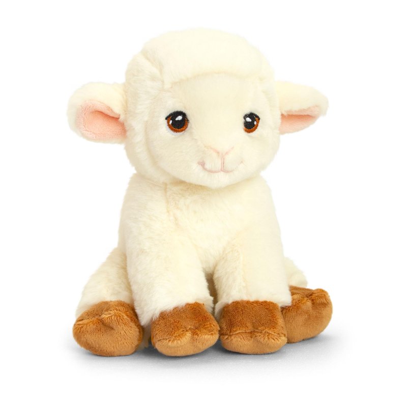 Keeleco recycled sheep lamb small plush toy, eco-friendly soft stuffed animal with white woolly fur and black hooves
