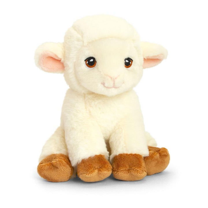Keeleco recycled sheep lamb small plush toy, eco-friendly soft stuffed animal with white woolly fur and black hooves