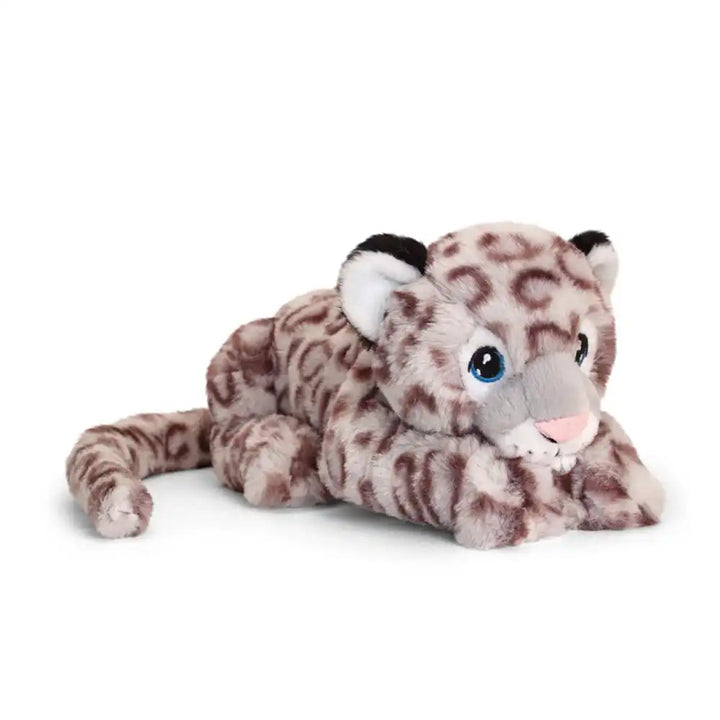 Keeleco recycled snow leopard small plush toy, eco-friendly soft stuffed animal with spotted grey and white fur pattern