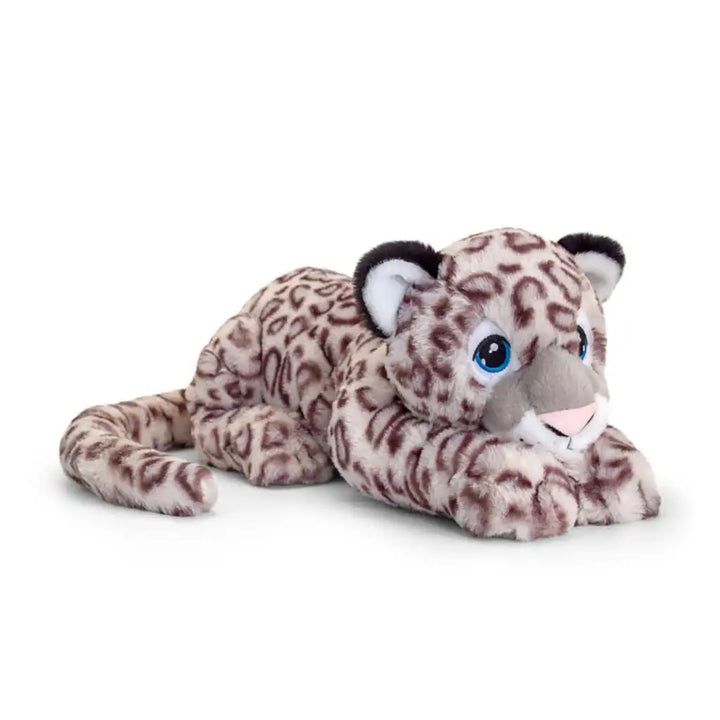 Keeleco recycled snow leopard large plush toy, sustainable soft stuffed animal with detailed grey and white spotted fur