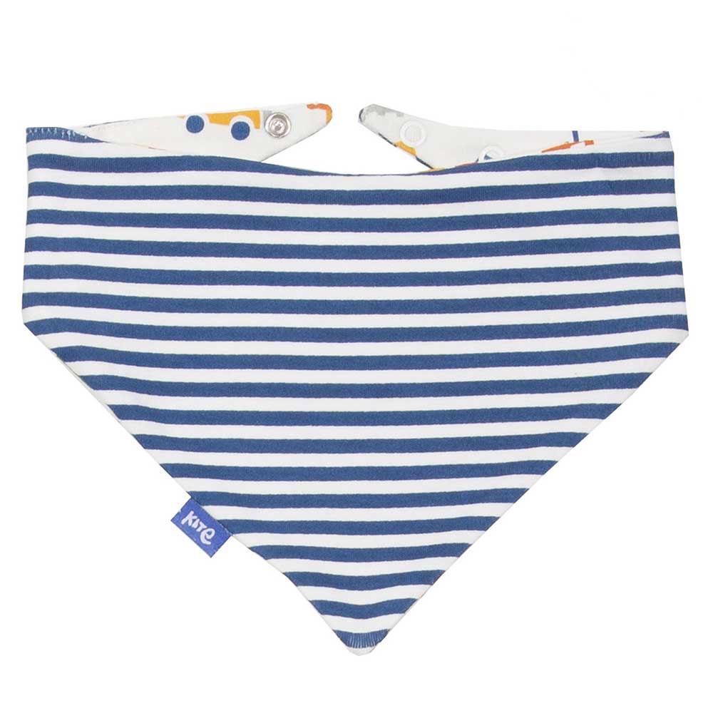 Blue and white striped baby bib with colorful accents on a white background