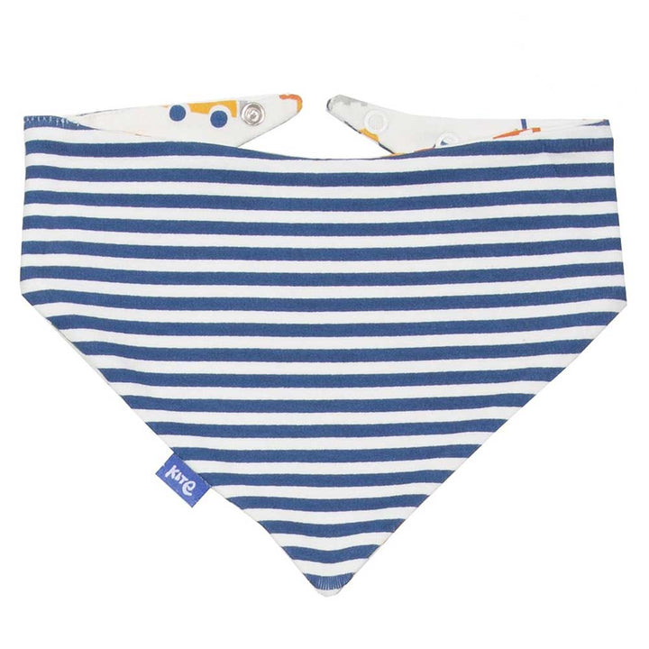Blue and white striped baby bib with colorful accents on a white background