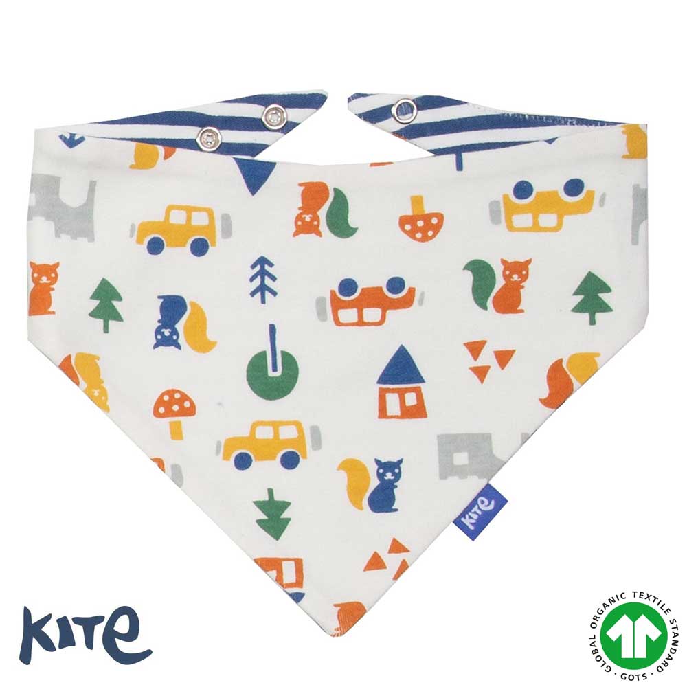 Kite brand baby bib with colorful patterns on a white background