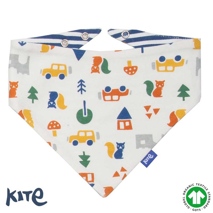 Kite brand baby bib with colorful patterns on a white background