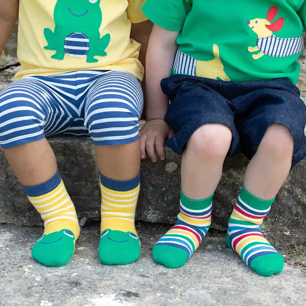 Kite Clothing GOTS Organic Cotton Frog Face Yellow Grippy Socks Worn Picture