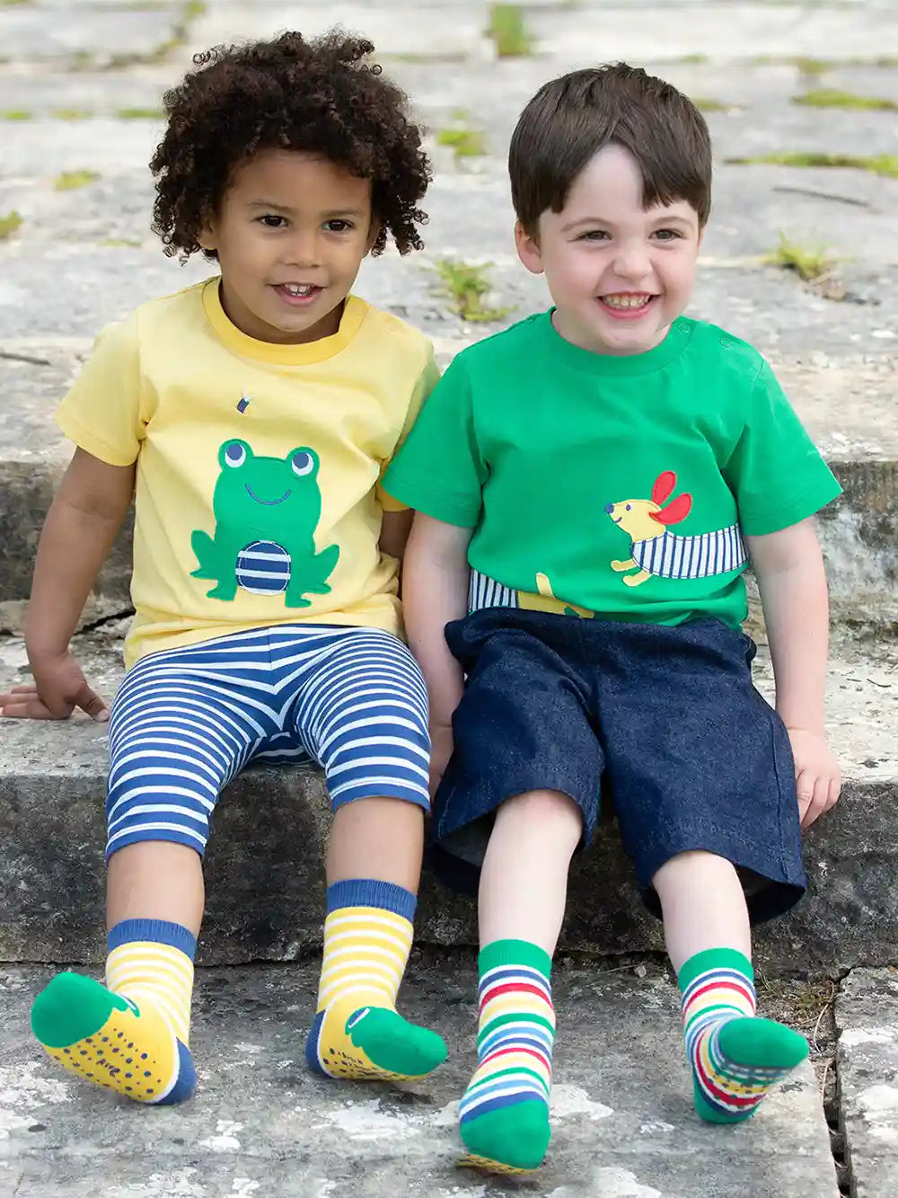 Kite Clothing GOTS Organic Cotton Frog Face Yellow Grippy Socks Worn Full Picture