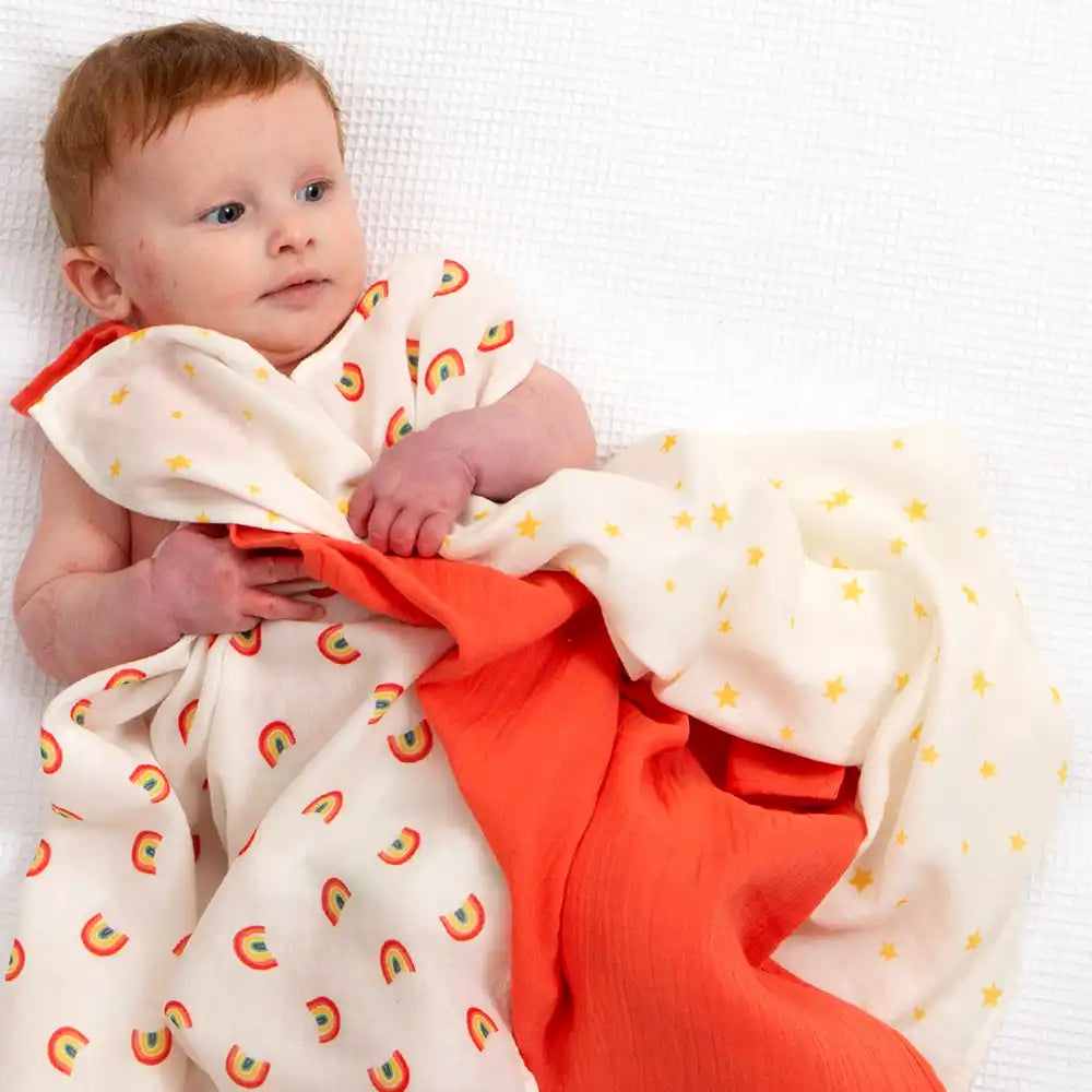 Kite Clothing GOTS Organic Rainbow Muslins 3 Pack with Baby Picture