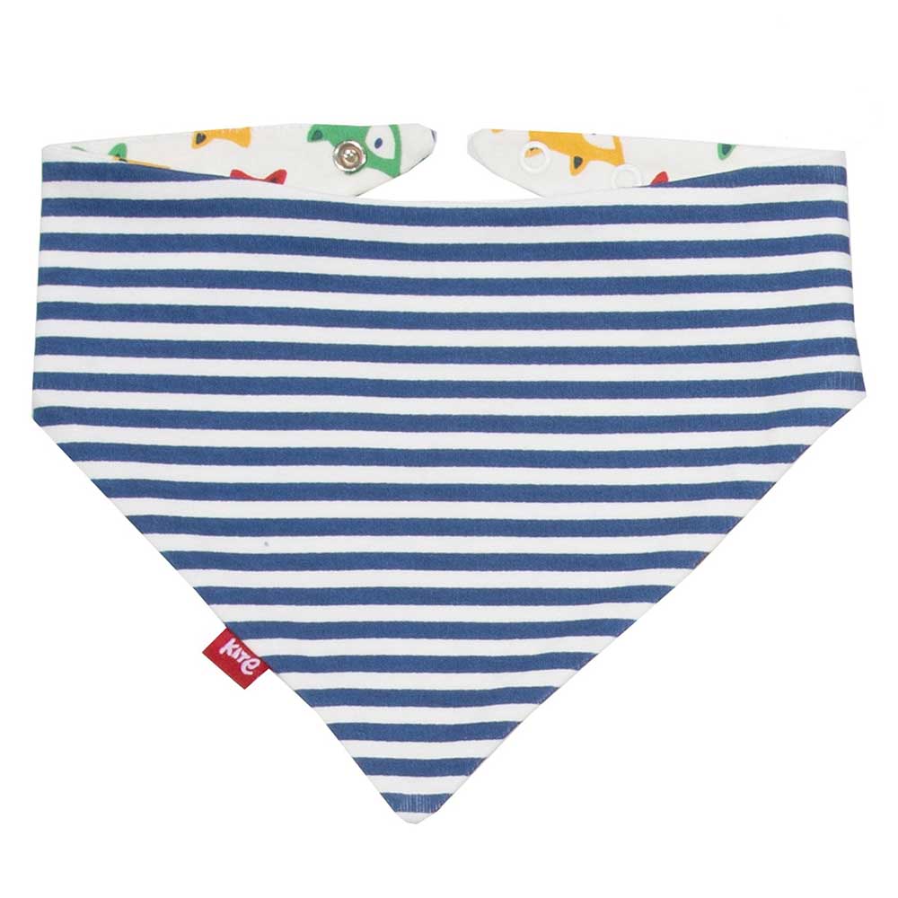 Blue and white striped baby bib with colourful trim on a white background