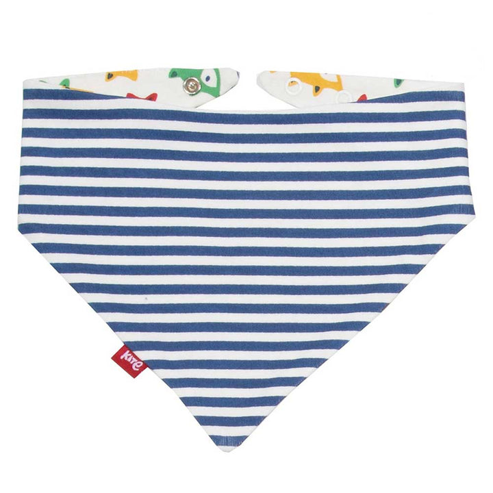 Blue and white striped baby bib with colourful trim on a white background
