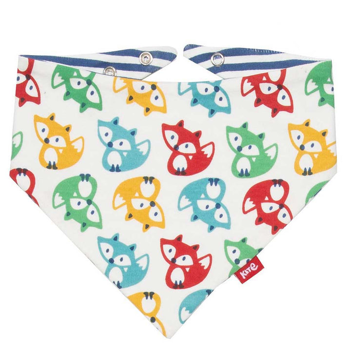 Kite colourful fox-patterned bib on a white background