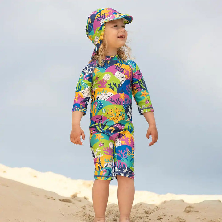 Kite Clothing Recycled Polyester Coral Reef Sunsuit Worn with Hat Picture