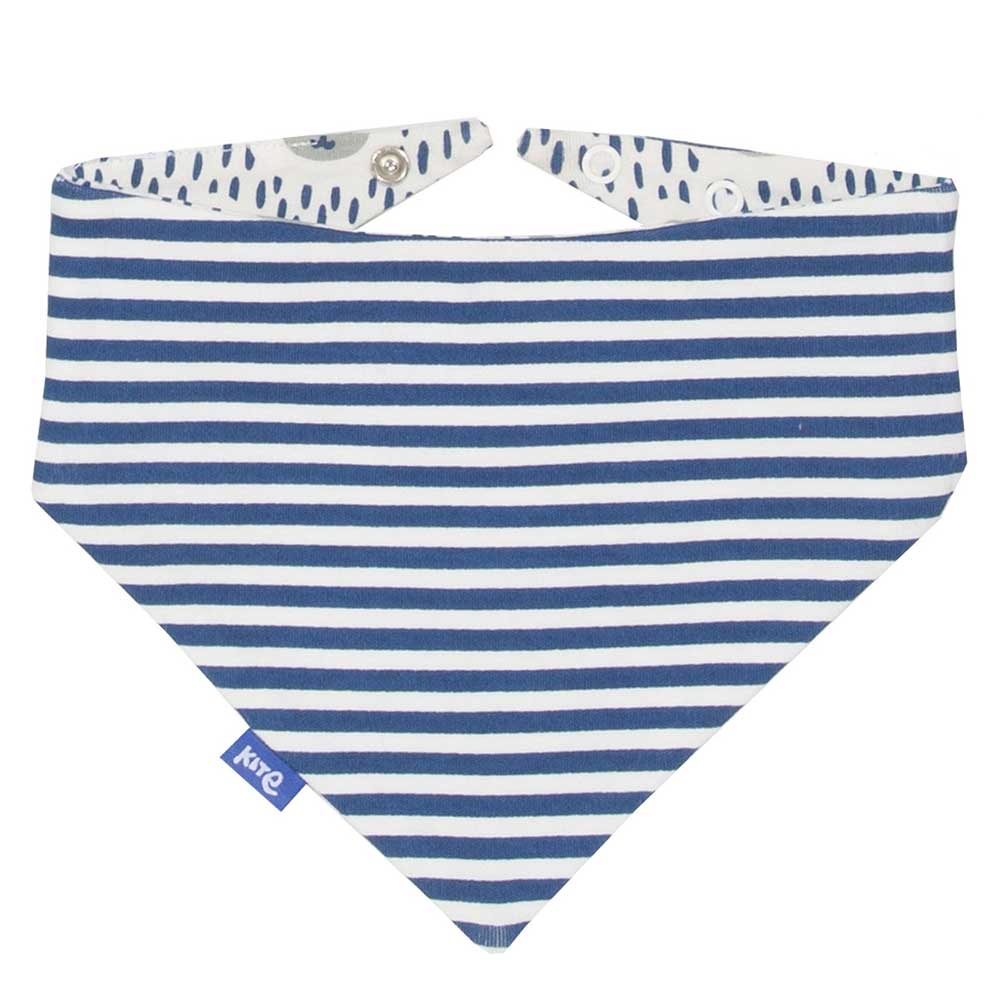 Blue and white striped baby bib on a white background