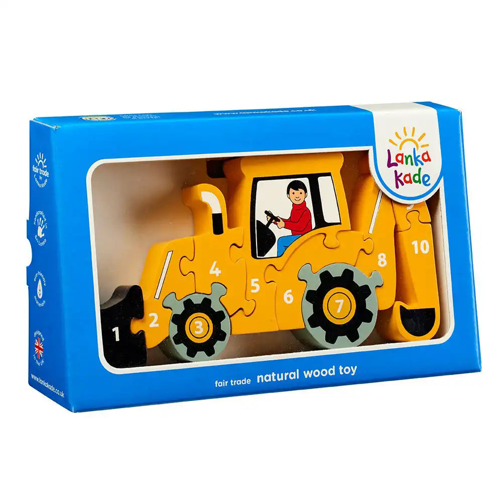 Lanka Kade yellow toy digger puzzle in Lanka Kade packaging on a white background