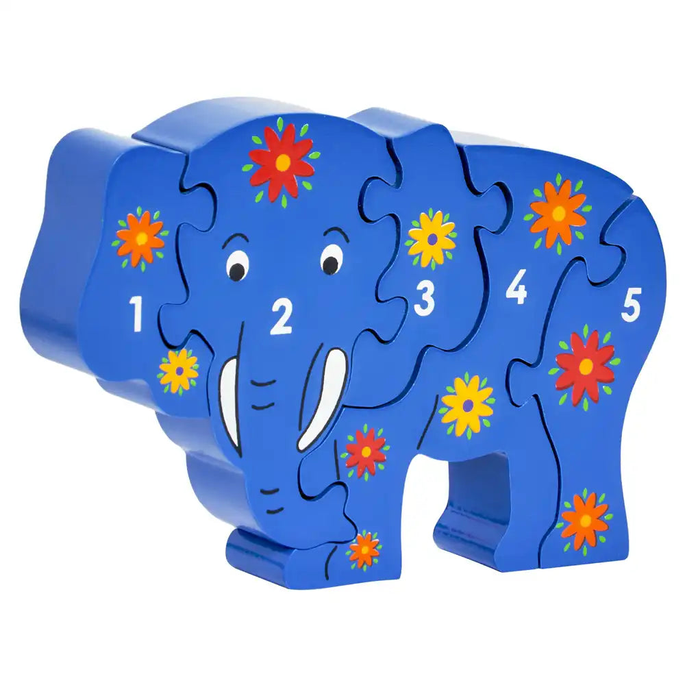 Lanka Kade blue elephant-shaped puzzle with numbers and flowers on a white background