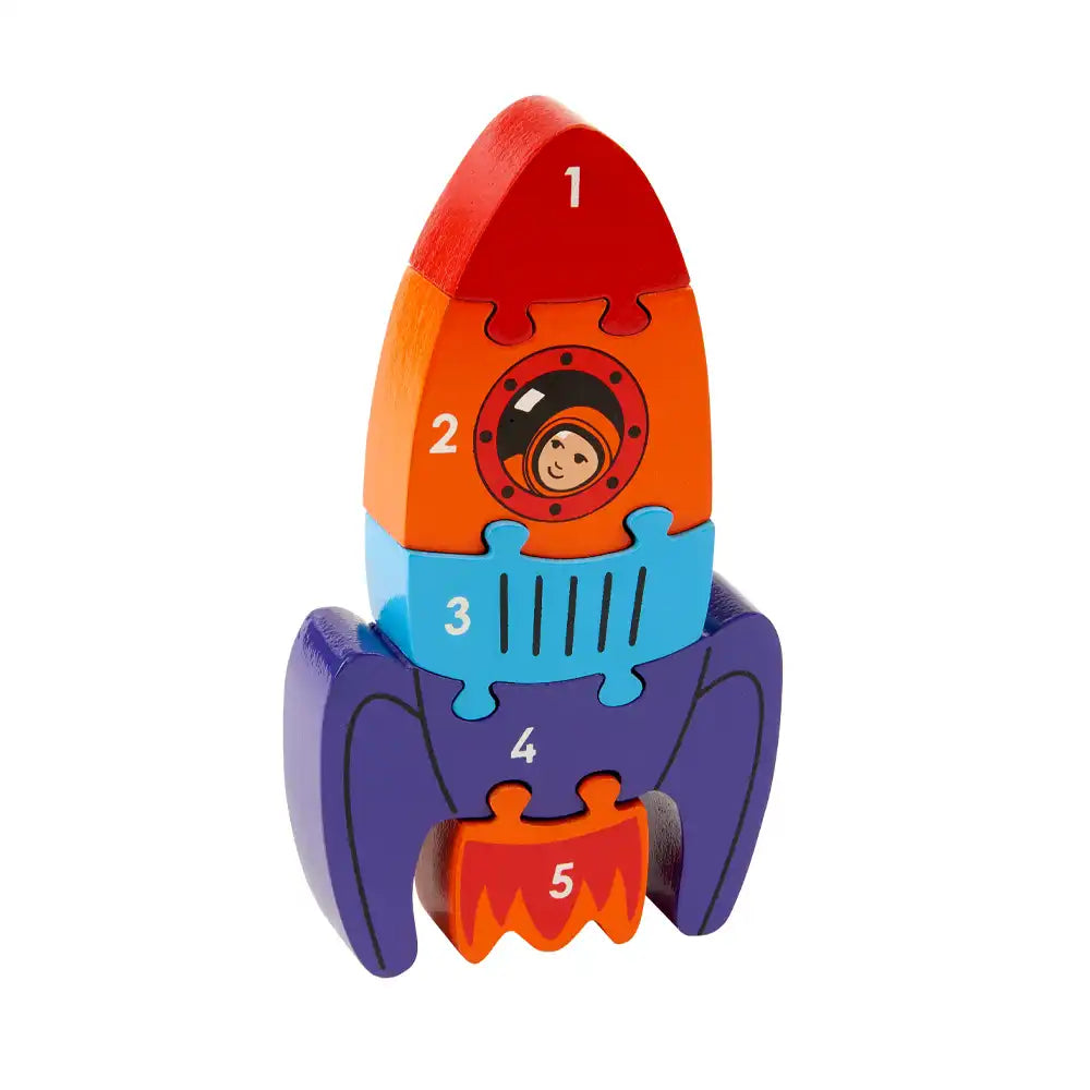 Lanka Kade wooden rocket puzzle with colourful design on a white background