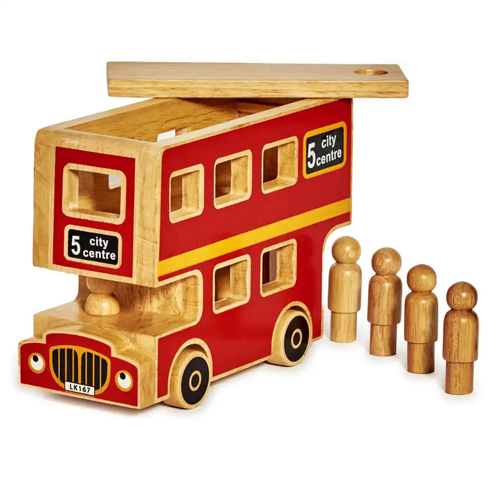 A Lanka Kade wooden double-decker bus toy with a red and natural wood finish, featuring five small wooden peg people standing beside it on a white background.