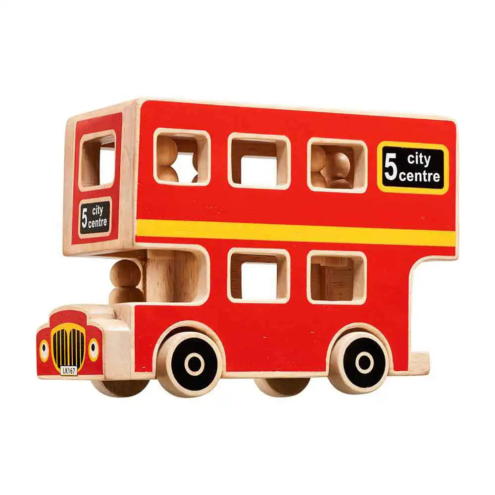 A Lanka Kade wooden double-decker bus toy in red and natural wood tones, featuring cut-out windows and small passenger figures inside, shown on a plain white background.