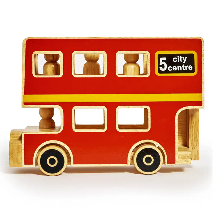 A Lanka Kade wooden double-decker toy bus in red and natural wood, featuring a yellow stripe, black wheels, and a '5 city centre' sign on the side, set against a plain white background.