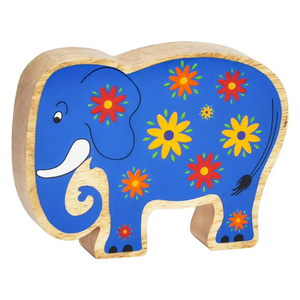 Lanka Kade wooden blue elephant toy with colorful floral patterns on a white background