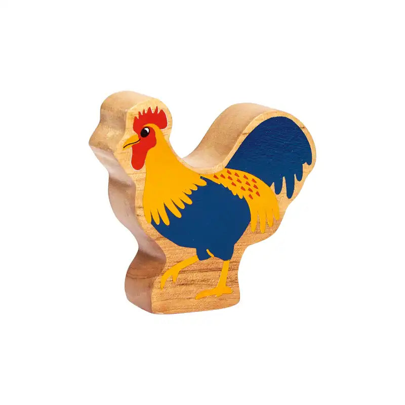 Lanka Kade wooden blue cockerel toy with colourful design on a white background