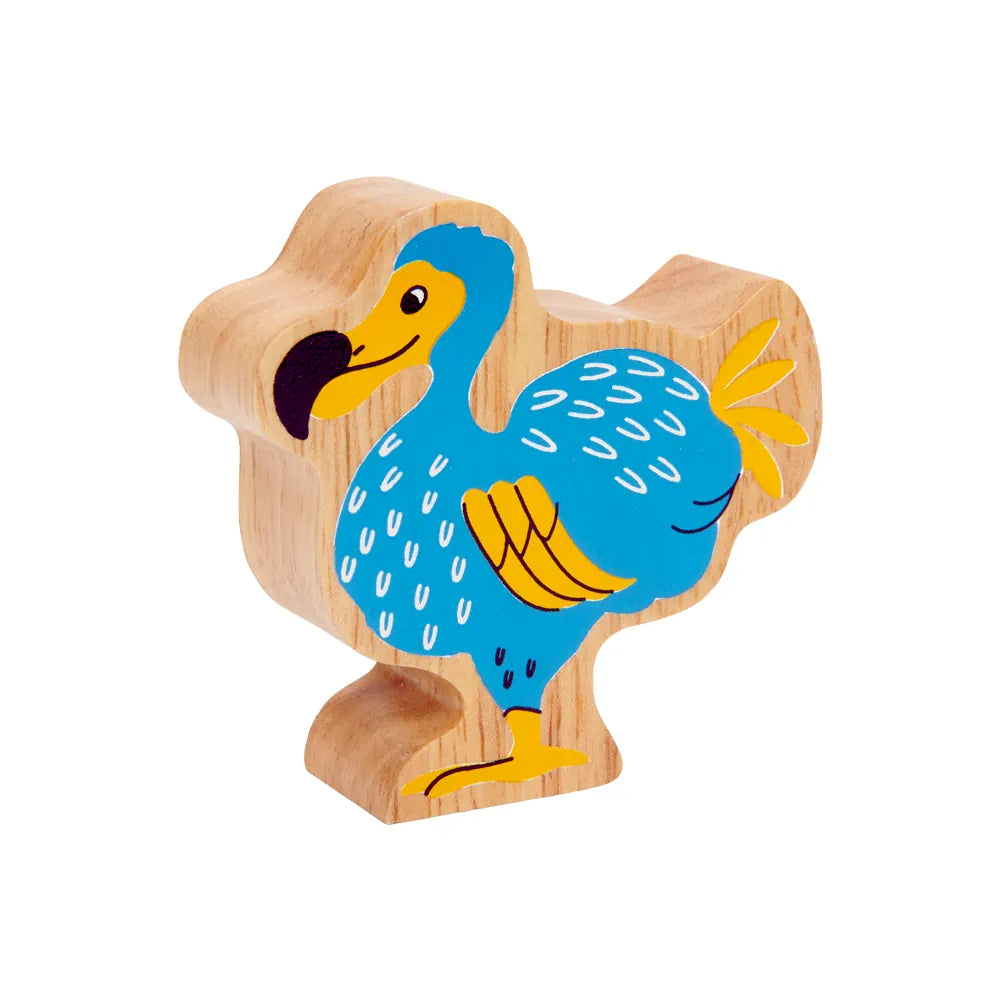 Lanka Kade wooden toy blue dodo with yellow accents on a white background
