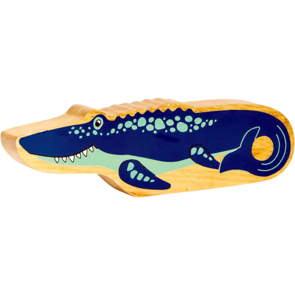 Lanka Kade wooden blue mosasaurus dinosaur figure on a solid white background.
