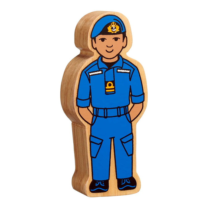 Lanka Kade wooden toy figure of a navy officer in blue uniform and blue beret on a white background