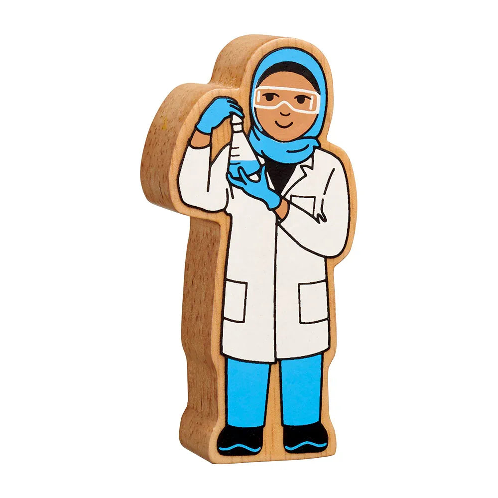 Lanka Kade wooden toy scientist character wearing a white lab coat, blue hijab, blue gloves, and blue trousers, shown on a plain white background.