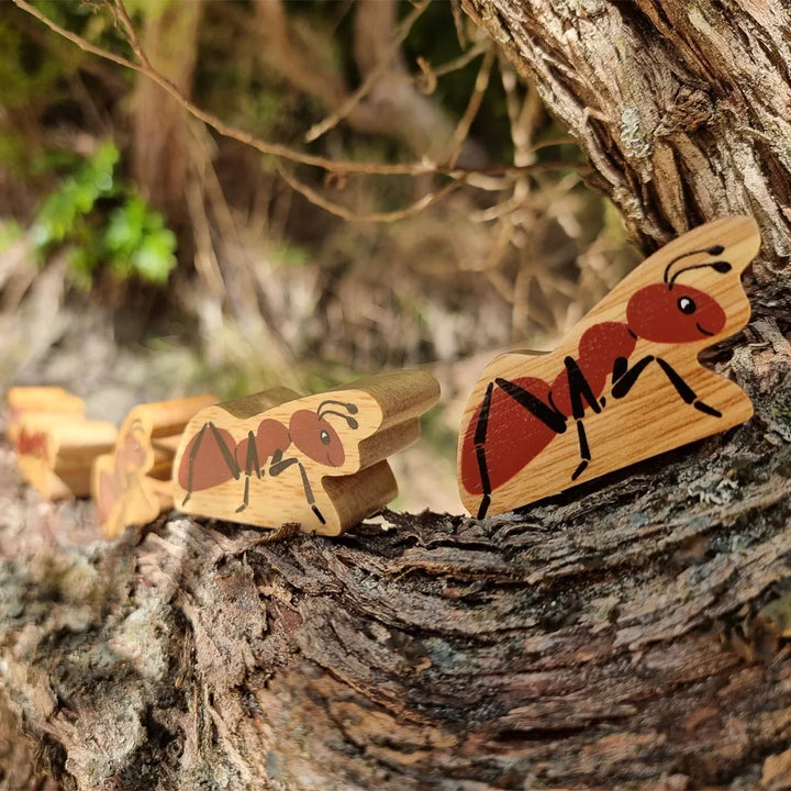 Lanka Kade wooden brown ant with a natural light wood body, red painted segments, and black legs and antennae resting on a textured tree trunk outdoors.