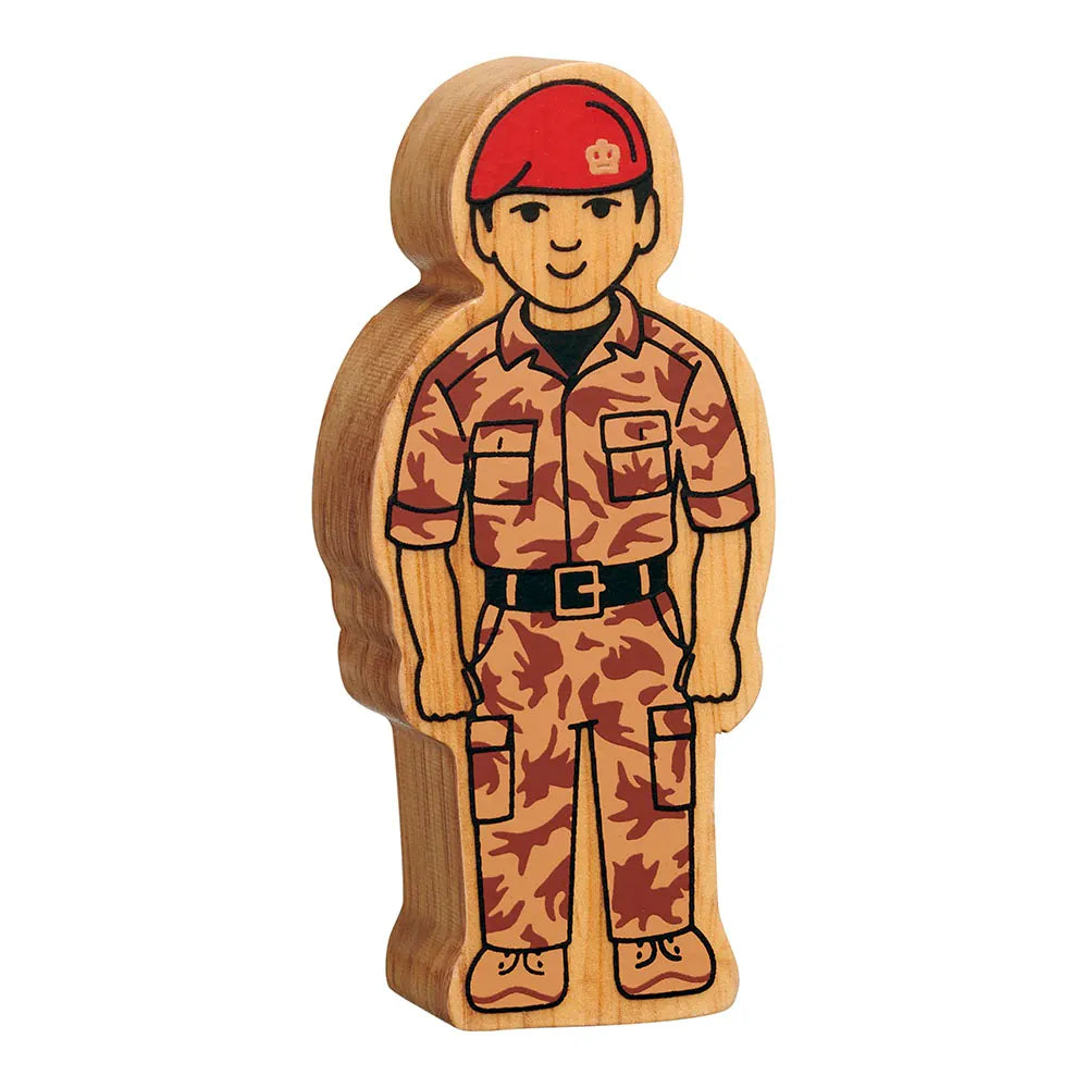 Lanka Kade wooden toy figure of a army officer in brown camouflage uniform and red beret on a white background