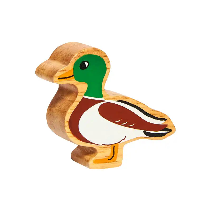 A handcrafted Lanka Kade wooden duck figurine with a natural bamboo body and painted details of a mallard duck, featuring a green head, brown chest, white body, and yellow beak, isolated on a white background.